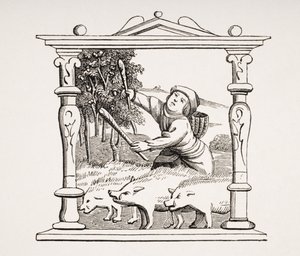 Swineherd with his herd of pigs, reproduction after a calendar in a book of hours, from 